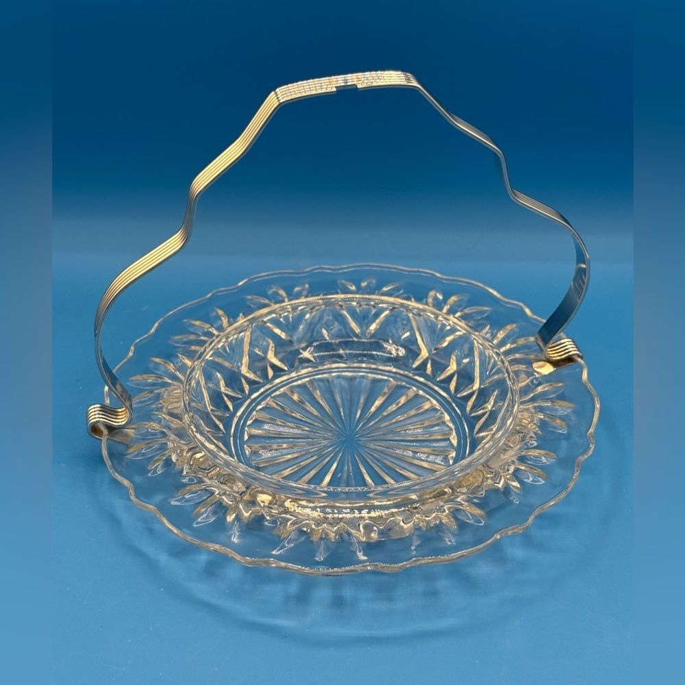 Vintage Sheffield Appetizer Seafood Dish with Handle Clear Cut Glass Silver